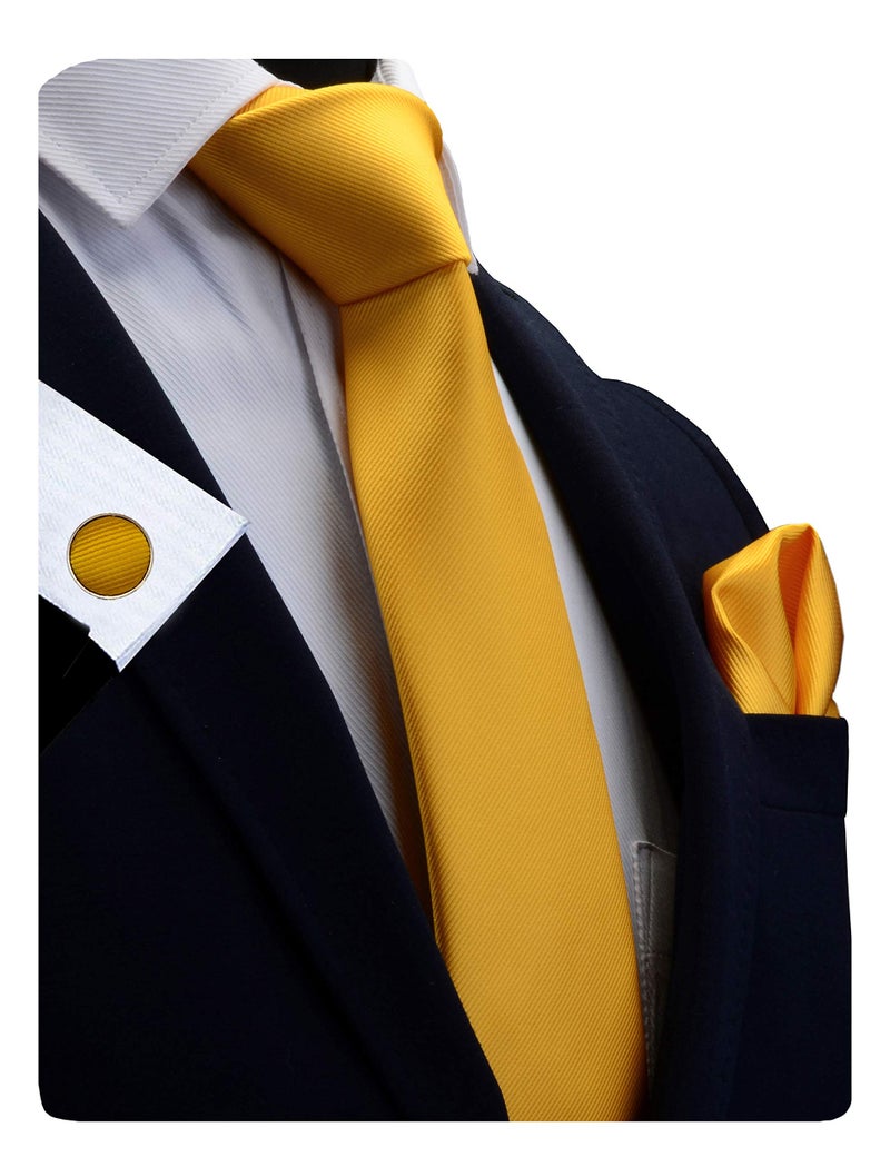 GUSLESON Brand Modern Fashion Solid Gold Ties For Men Necktie and Pocket Square Cufflinks Sets (0789-14) - Image 1